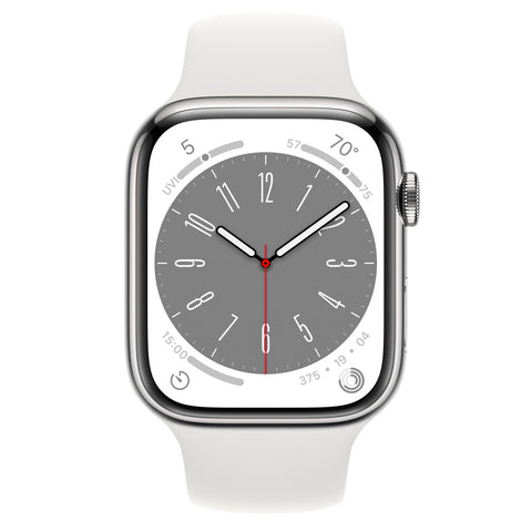 【未開封/整備済製品】 Apple Watch Series 8 (GPS+Cellularモデル / 香港版 / A2775) 45mm シルバーステンレススチールケースとホワイトスポーツバンド [管理番号:A0341]