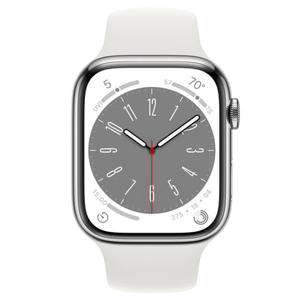 【未開封/整備済製品】 Apple Watch Series 8 / 45mm / GPS+Cellularモデル / 香港版 / A2775 / シルバーステンレススチールケースとホワイトスポーツバンド [管理番号:A0342]