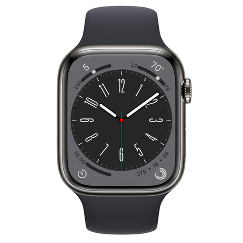 【未開封/整備済製品】 Apple Watch Series 8 (GPS+Cellularモデル / 香港版 / A2775) 45mm グラファイトステンレススチールケースとミッドナイトスポーツバンド [管理番号:A0354]